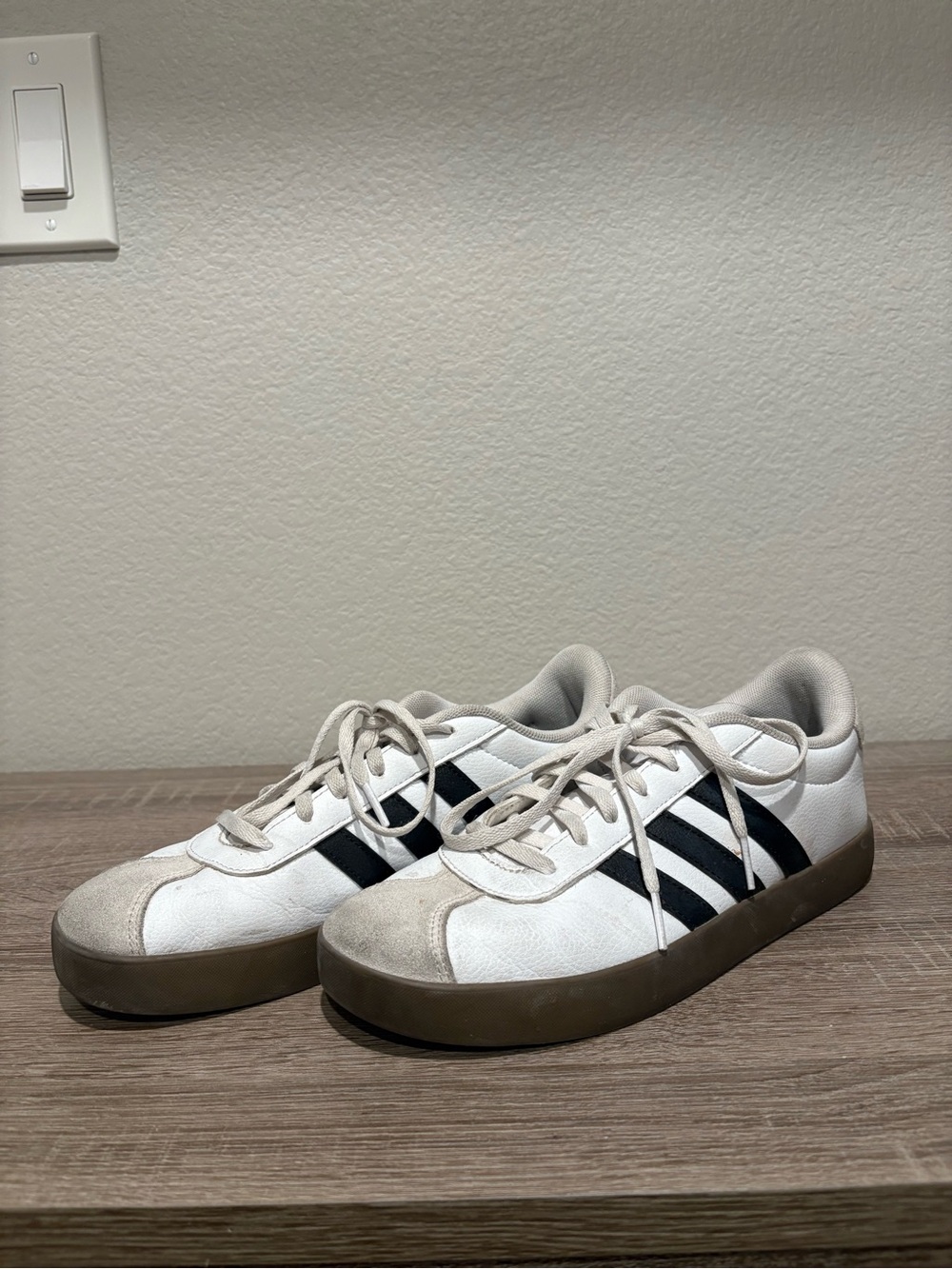 adidas Kids White Sneakers with Black Stripes and Brown Soles